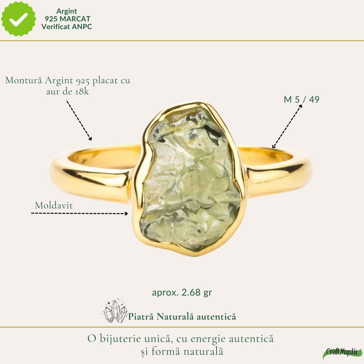 Inel cu Moldavit, Argint 925 placat aur 18k – CraftMystic