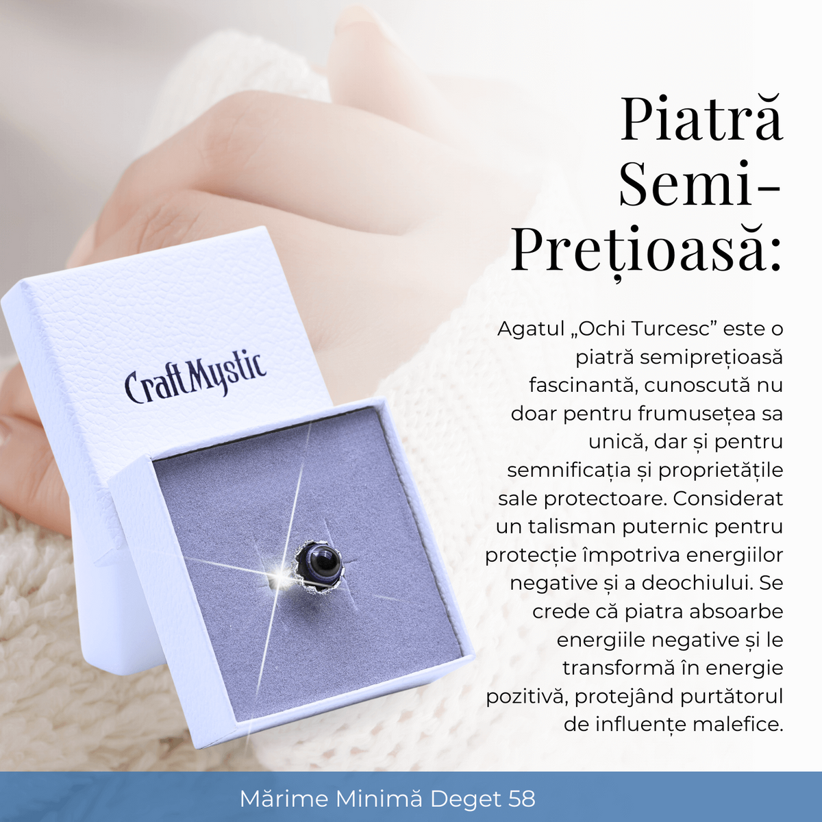 Inel argintiu ajustabil cu Agat natural, pentru echilibru si claritate