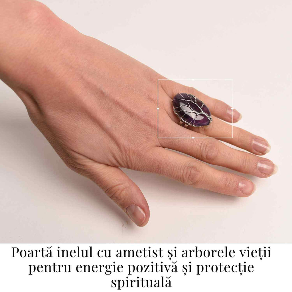 Inel Reglabil cu Ametist si Model Arborele Vietii
