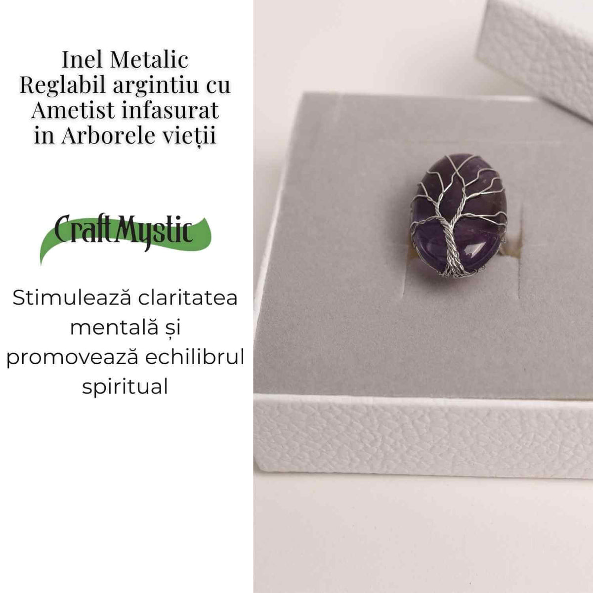 Inel Reglabil cu Ametist si Model Arborele Vietii