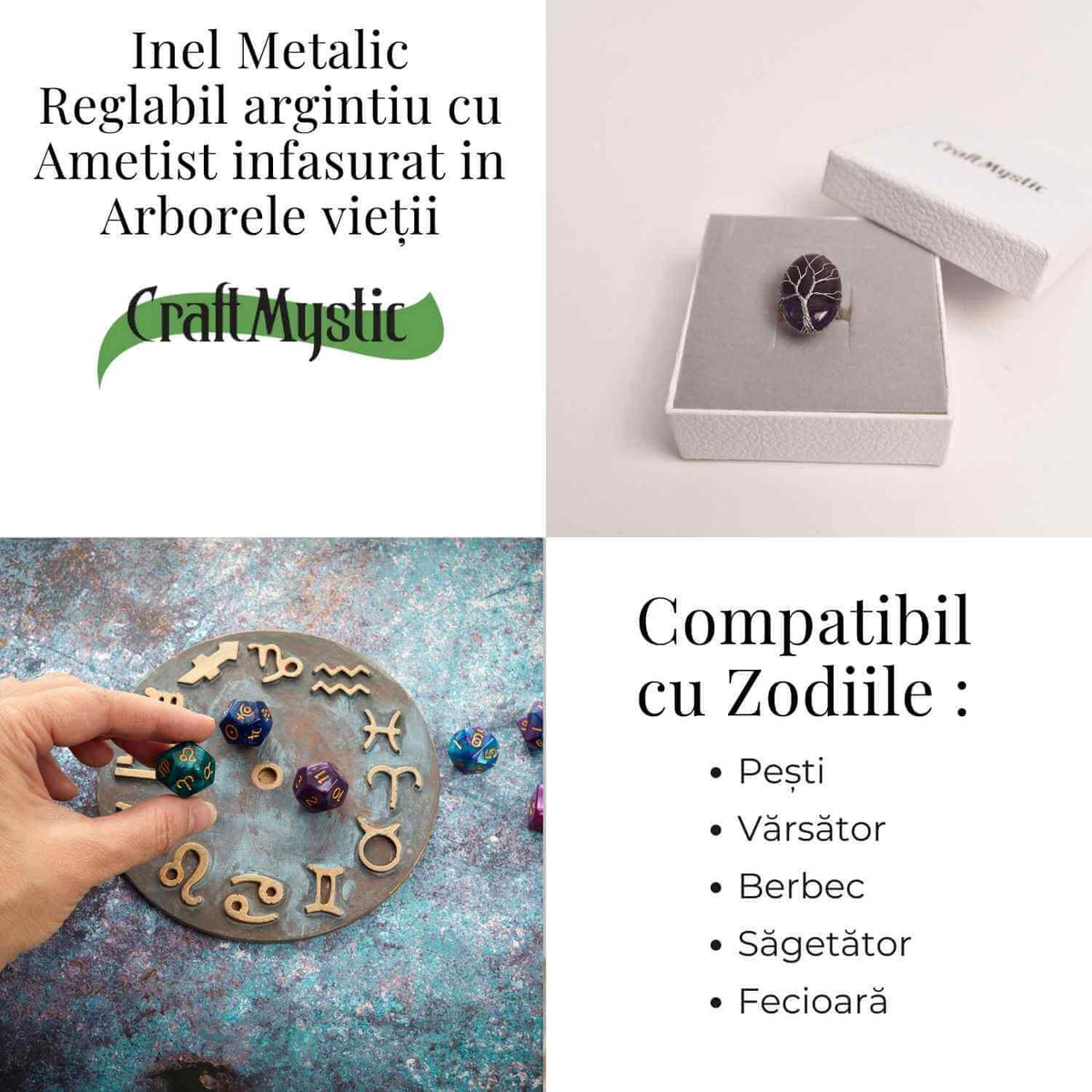 Inel Reglabil cu Ametist si Model Arborele Vietii