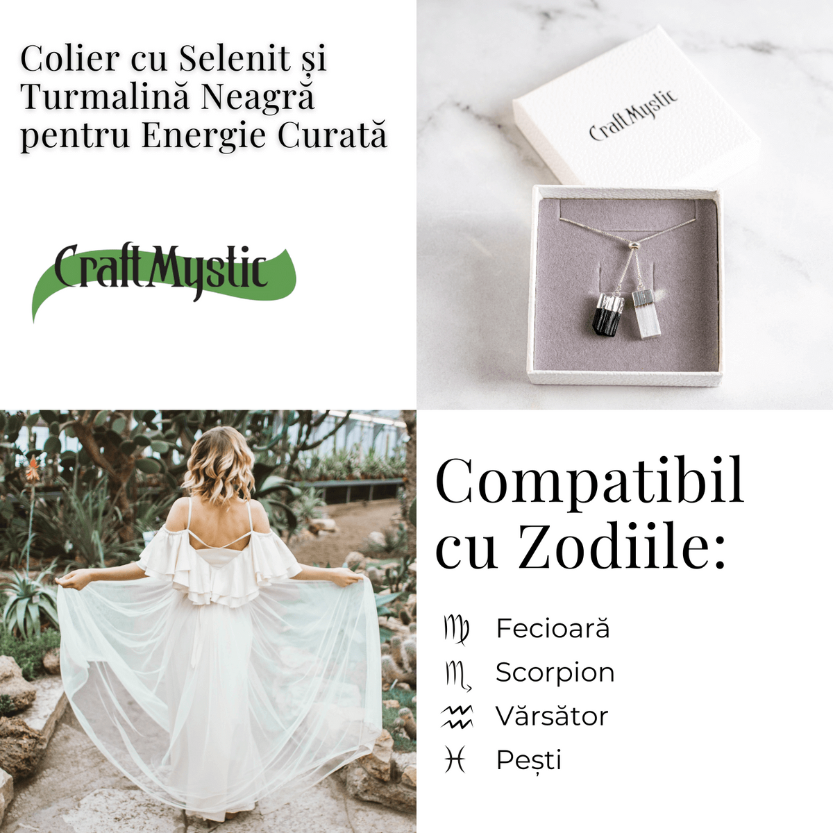 Protectie completa – Colier cu selenit si turmalina neagra pentru energie curata