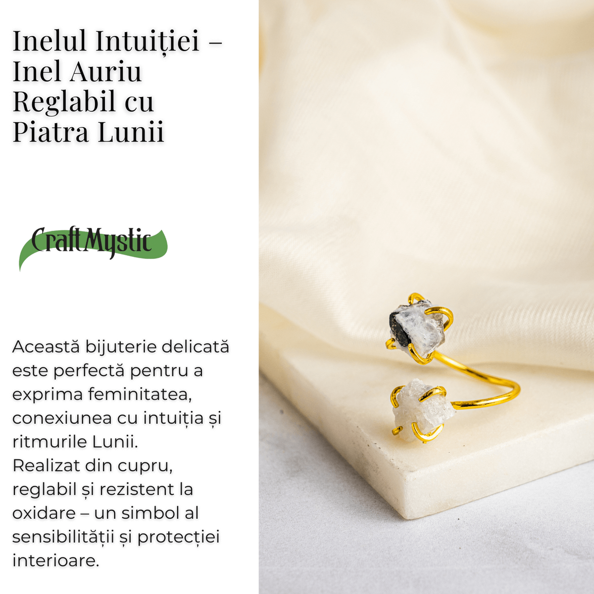 Inelul Intuitiei – Inel Auriu Reglabil cu Piatra Lunii