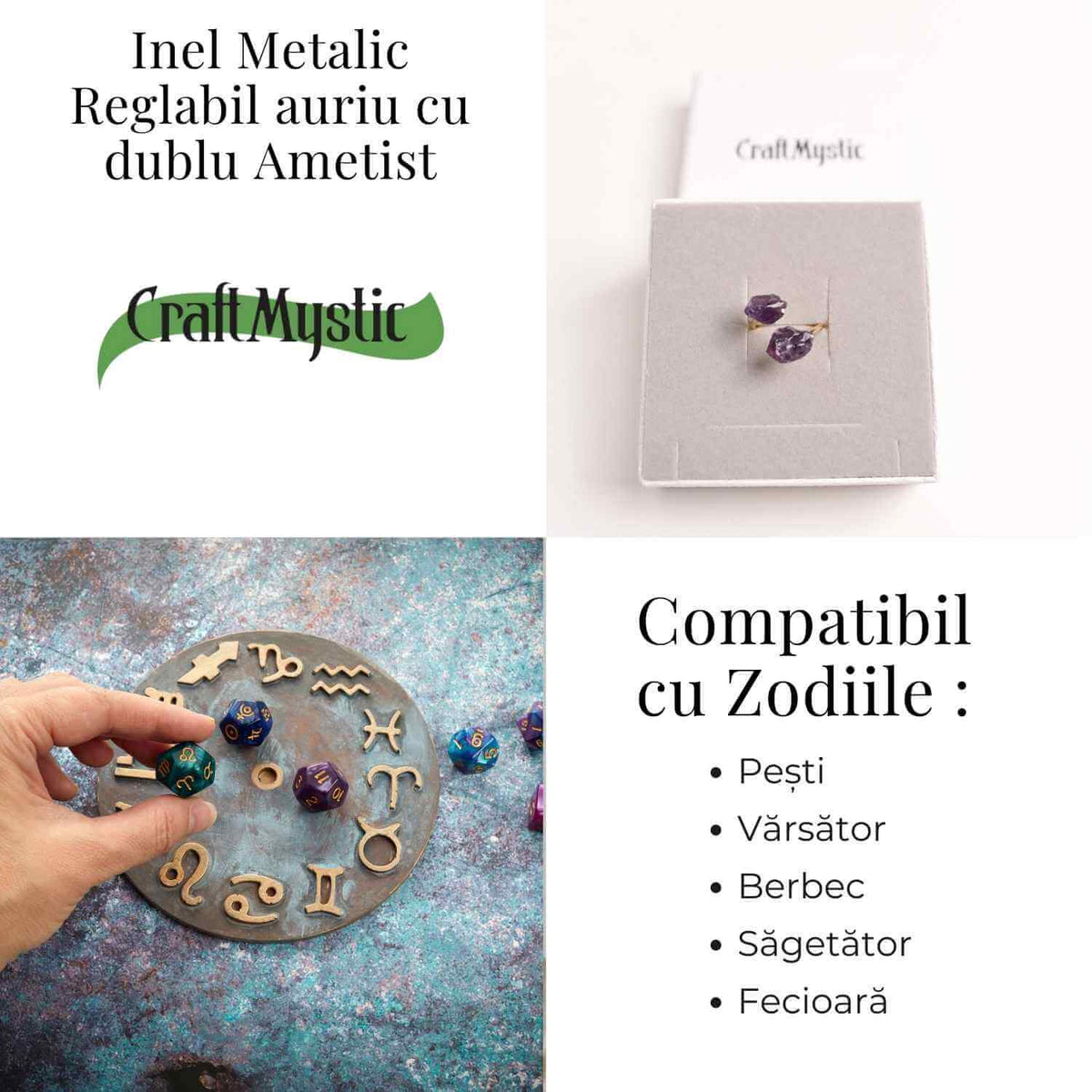 Inel reglabil cu dublu Ametist – Claritate mentala si echilibru spiritual