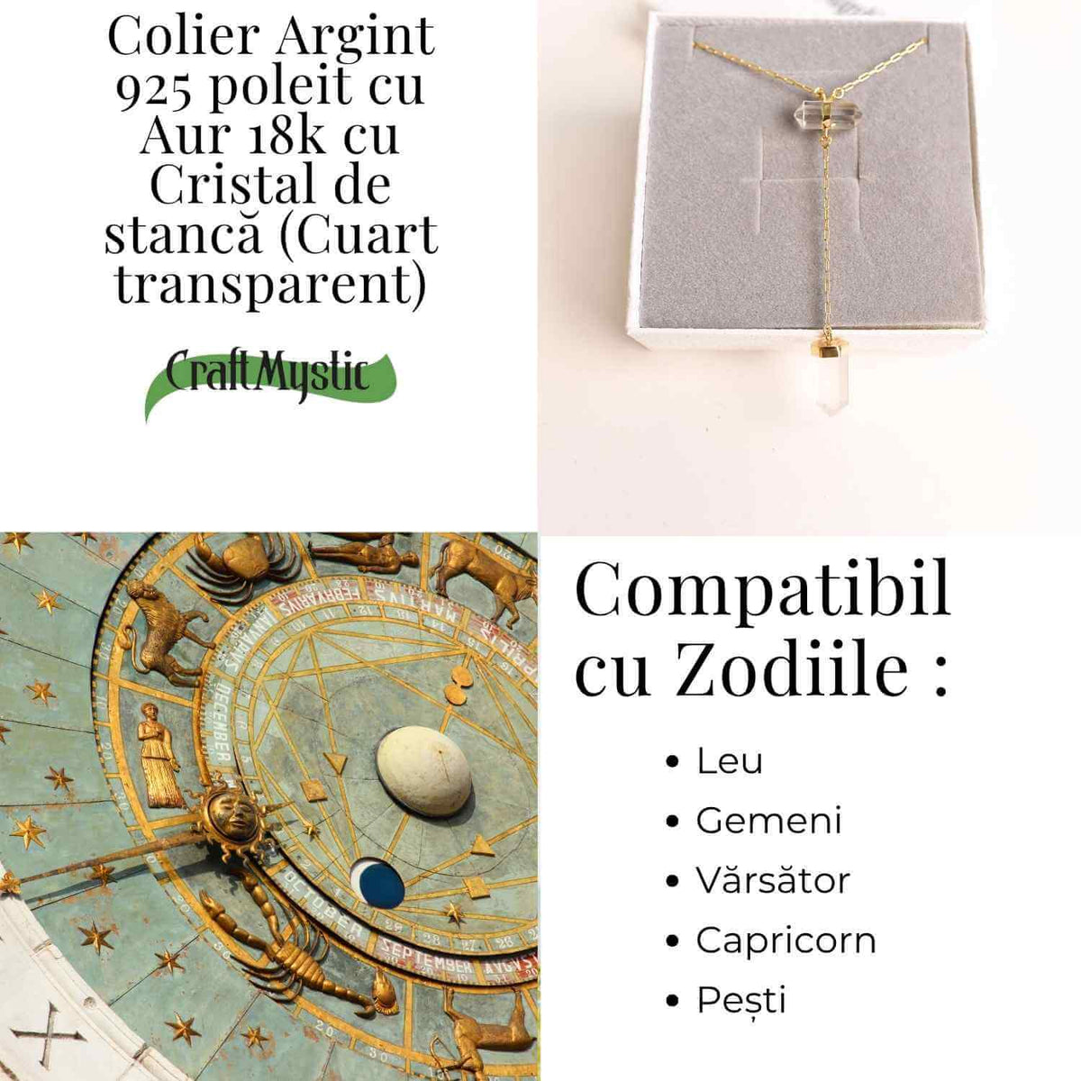 Colier Turnulet din Dublu Cuart de Stanca – Claritate Mentala si Protectie Energetica – Argint 925 Placat cu Aur 18K