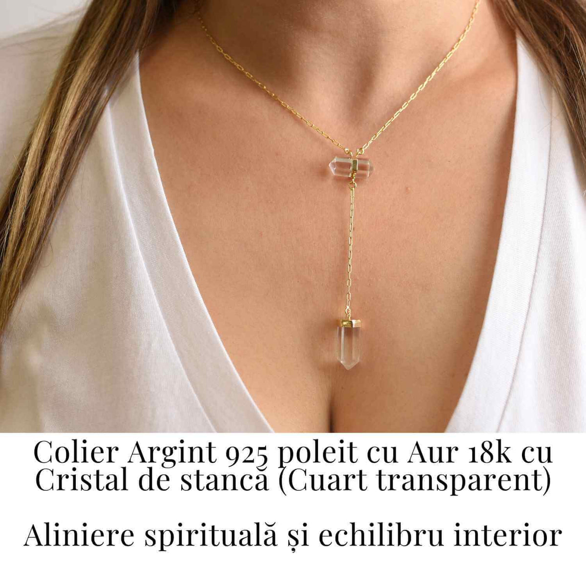 Colier Turnulet din Dublu Cuart de Stanca – Claritate Mentala si Protectie Energetica – Argint 925 Placat cu Aur 18K