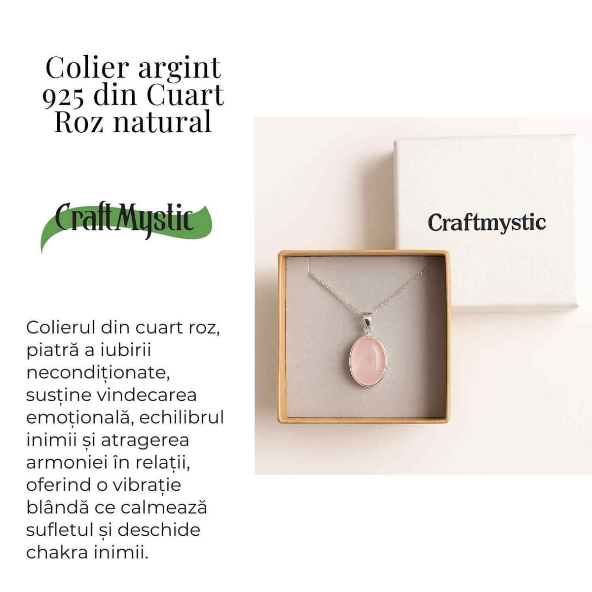 Colier montura argint 925 si piatra naturala din Cuart Roz oval – Vindecare emotionala