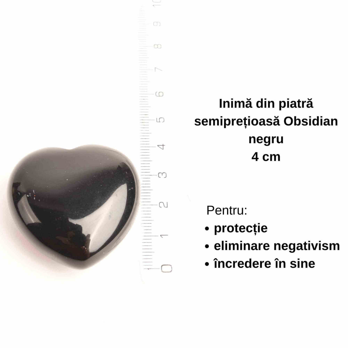 Inimioara cristal Obsidian Negru 4 cm si saculet satin inclus