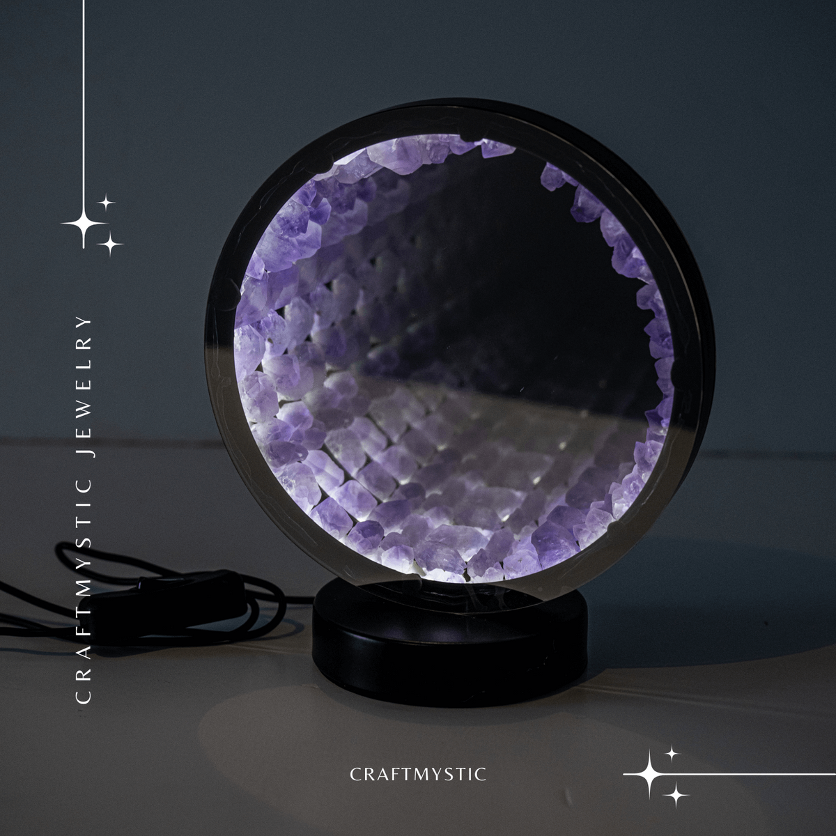 Lampa cu Oglinda si Ametist Natural – Decor cu Iluminare Magica si Cristale Energetice
