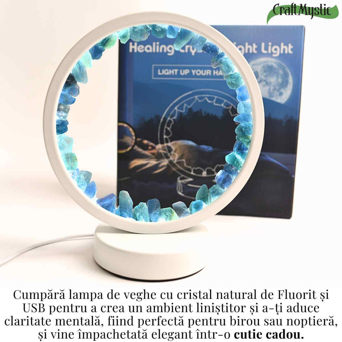 Lampa de noapte rotunda cu cristale fluorit – Echilibru si calm pentru orice camera