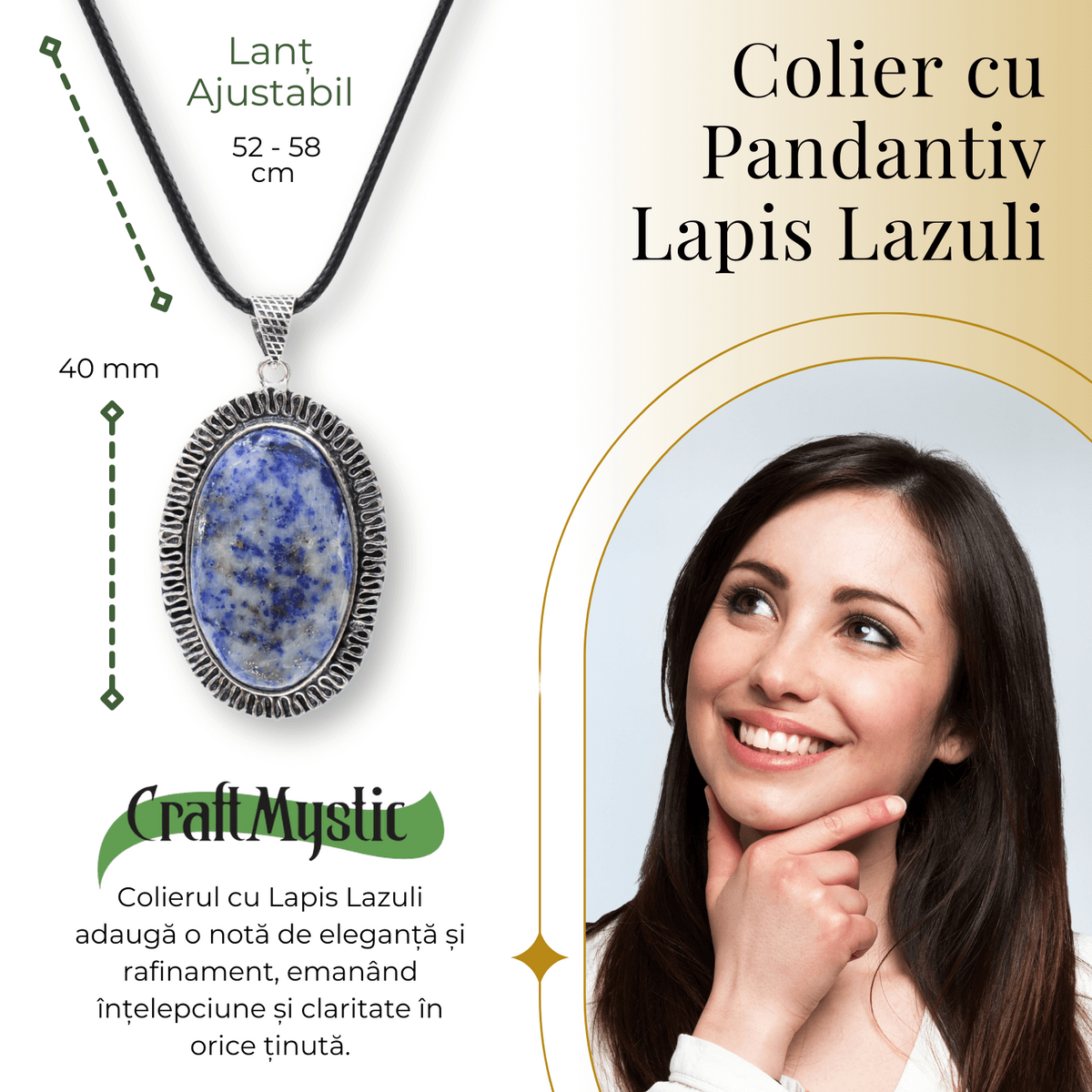 Colier Reglabil cu Pandantiv Oval 40mm de Lapis Lazuli