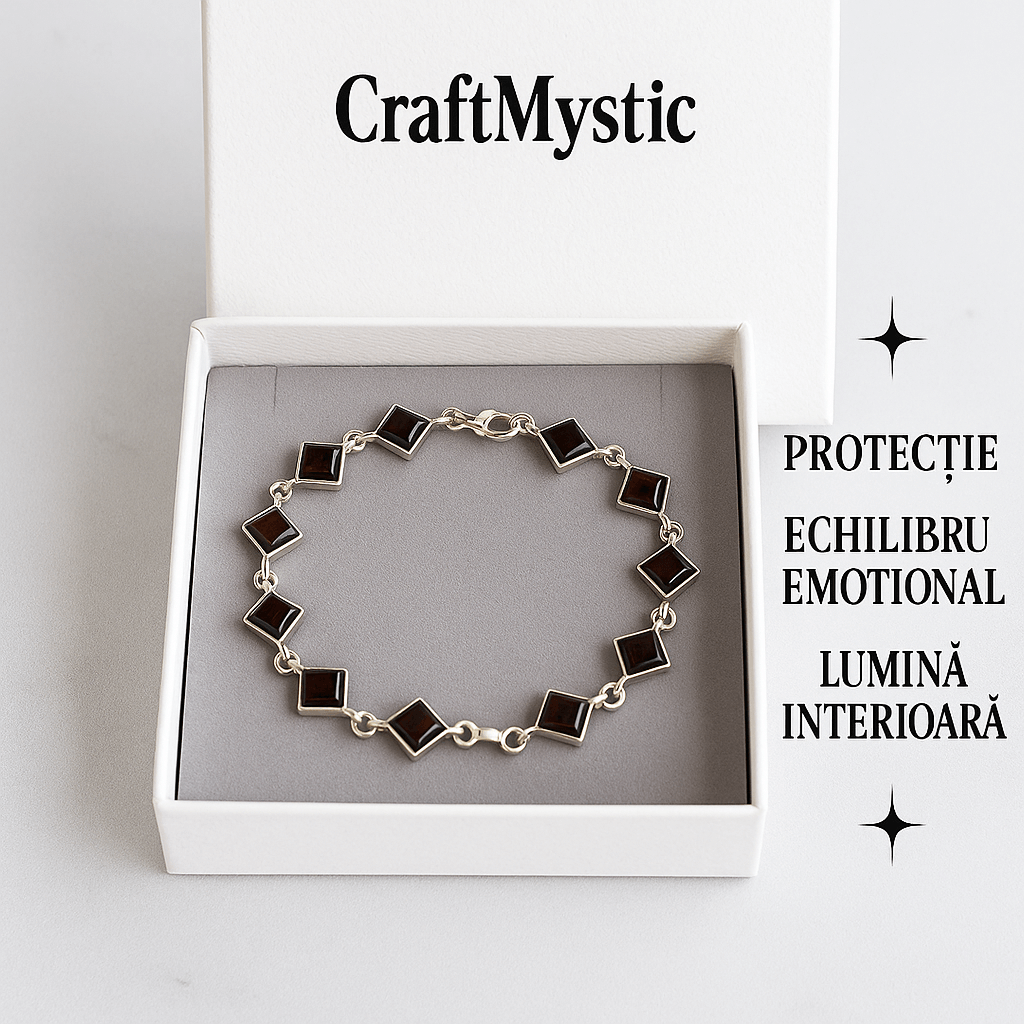 Bratara montura argint 925 cu chihlimbar rosu inchis – Geometrie si rafinament natural