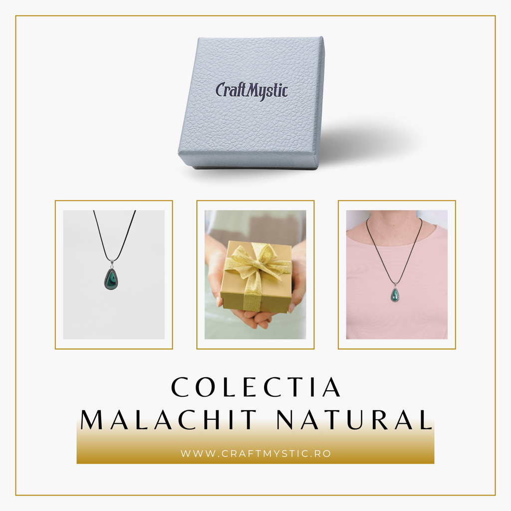 Colier Reglabil cu Pandantiv Argintiu 40mm in Forma de Strop de Ploaie din Malachit Natural