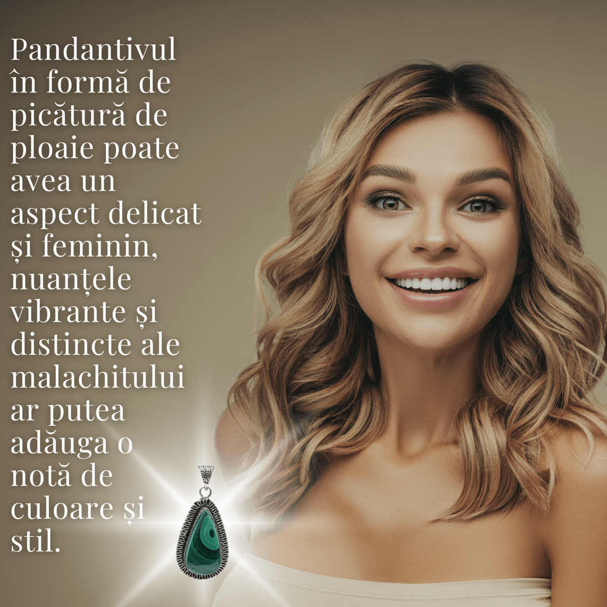 Colier Reglabil cu Pandantiv Argintiu 40mm in Forma de Strop de Ploaie din Malachit Natural