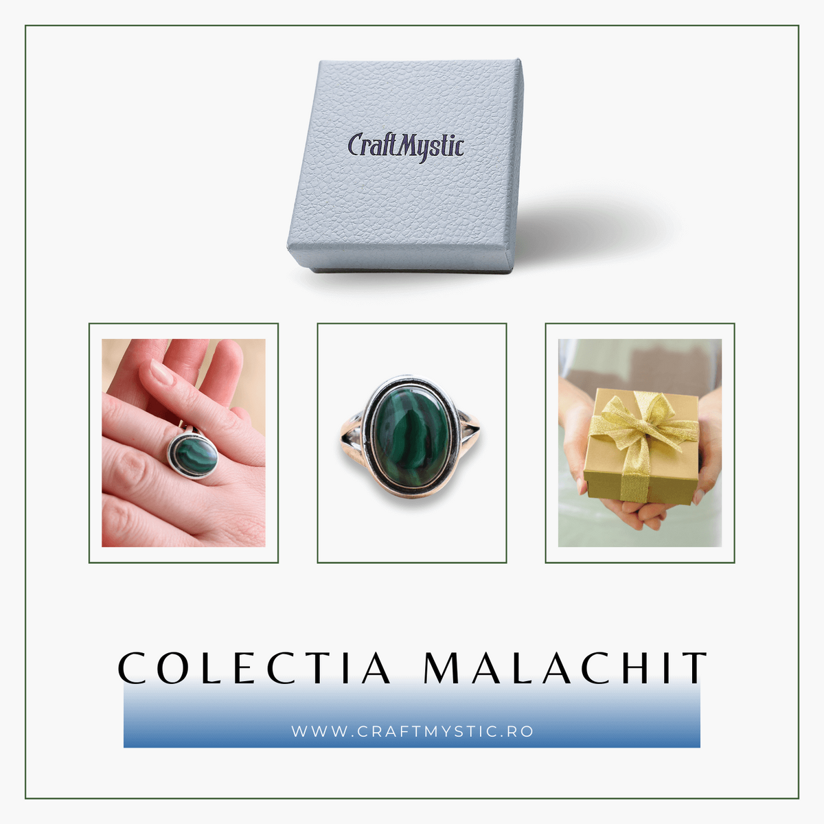 Inel Ajustabil Argintiu cu Malachit Natural