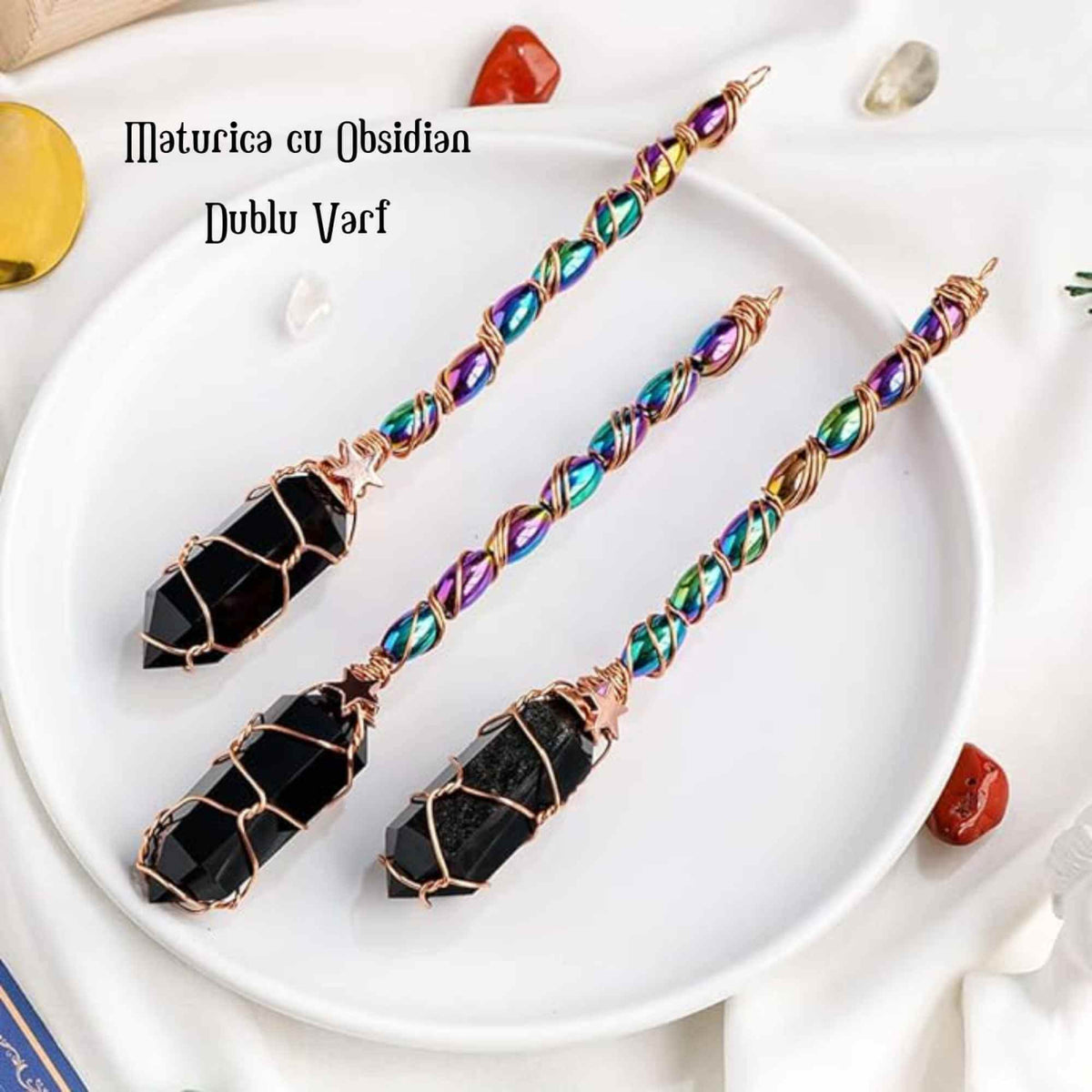 Maturica Decorativa 14 cm cu Obsidian Dublu varf Natural Ornament Handmade Perfect pentru Energie Pozitiva si Noroc in Viata