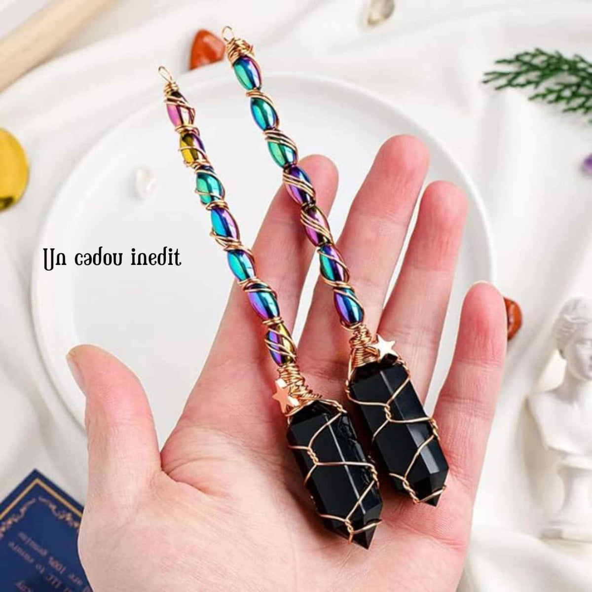 Maturica Decorativa 14 cm cu Obsidian Dublu varf Natural Ornament Handmade Perfect pentru Energie Pozitiva si Noroc in Viata