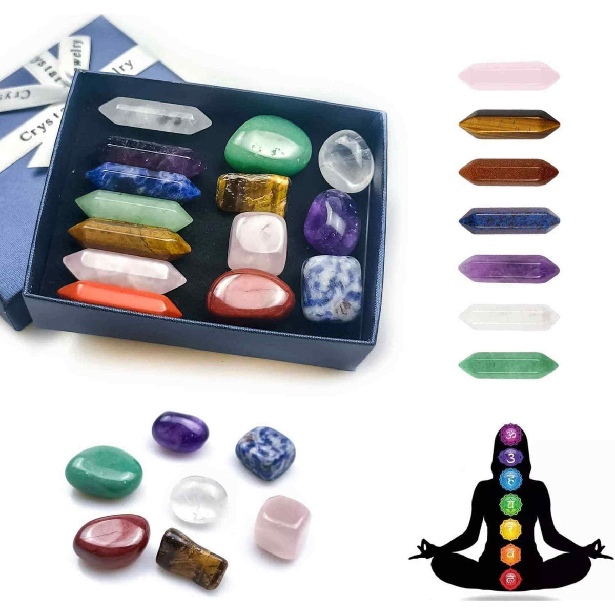 Mini set de cristale vindecatoare cu 14 cristale - Include 7 pietre naturale polisate si 7 turnuri cu dublu varf din cristale