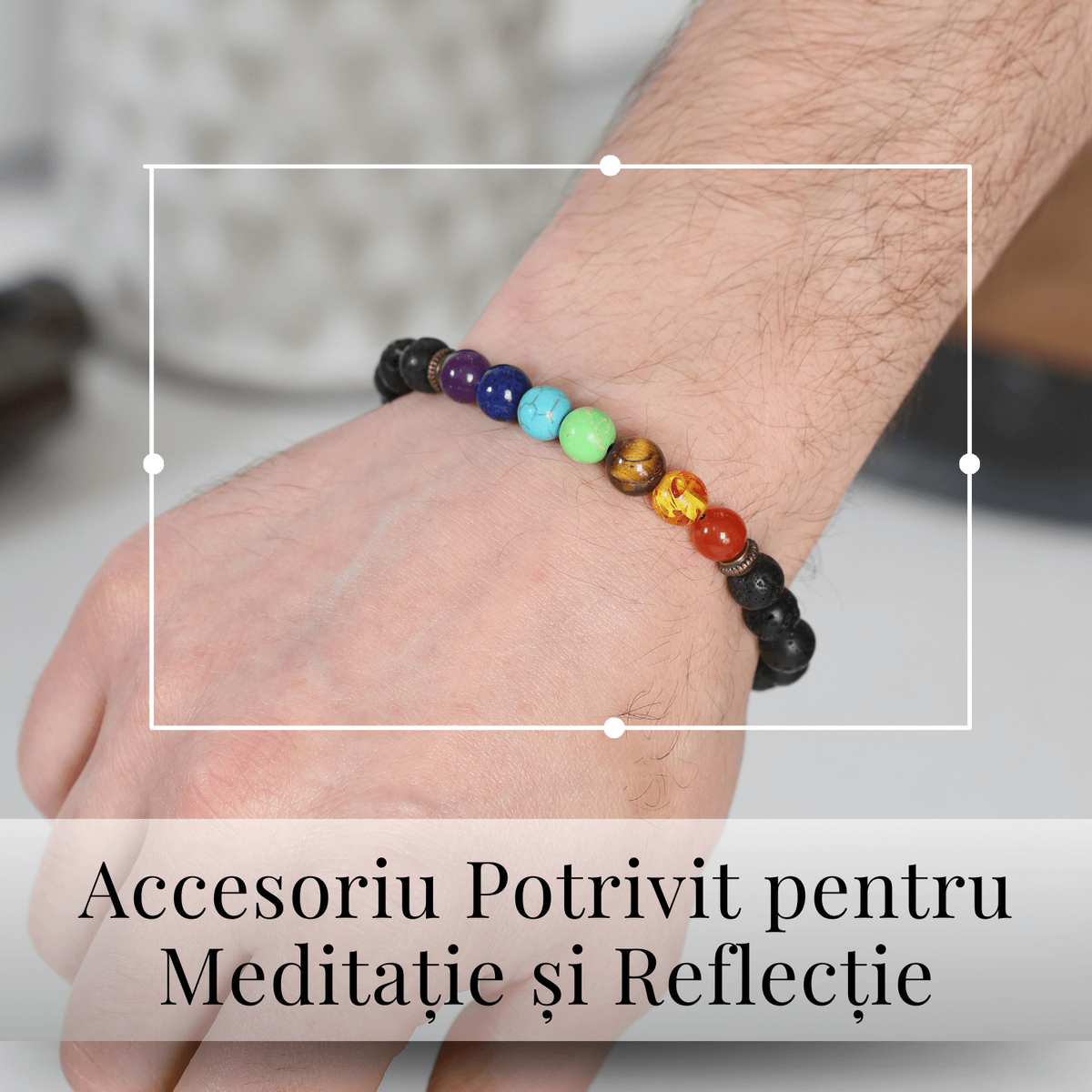 Bratara Reglabila cu Margele 8mm pentru Cele 7 Chakre si Roca Vulcanica