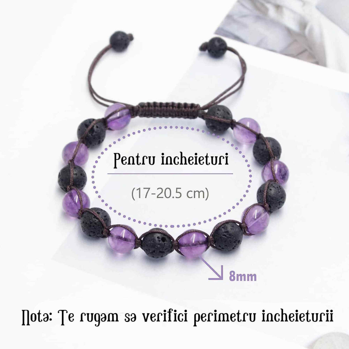 Bratara lucrata manual cu cristale 8mm naturale de ametist si roca vulcanica - Pentru femei protectie energetica pentru noroc si echilibru