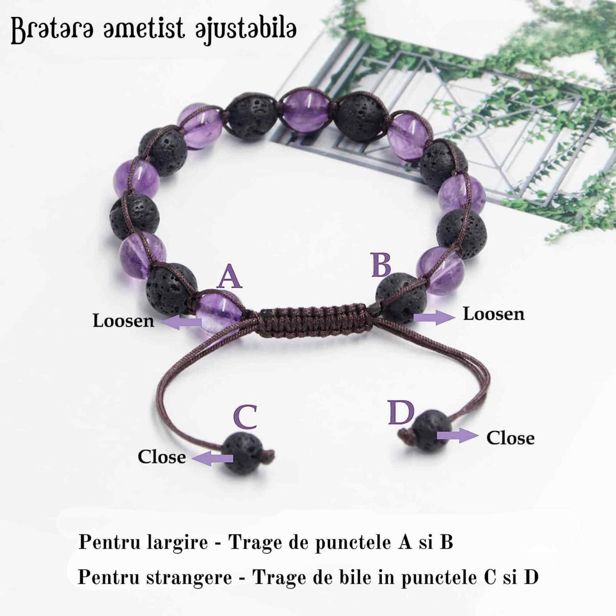 Bratara lucrata manual cu cristale 8mm naturale de ametist si roca vulcanica - Pentru femei protectie energetica pentru noroc si echilibru