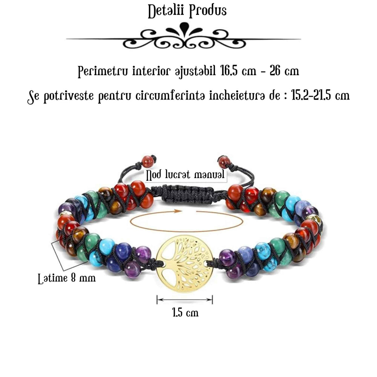 Bratara de Vindecare Naturala cu 7 tipuri de pietre pentru cele 7 Chakre din Cristale Reiki si pandativ cu Arborele Vietii