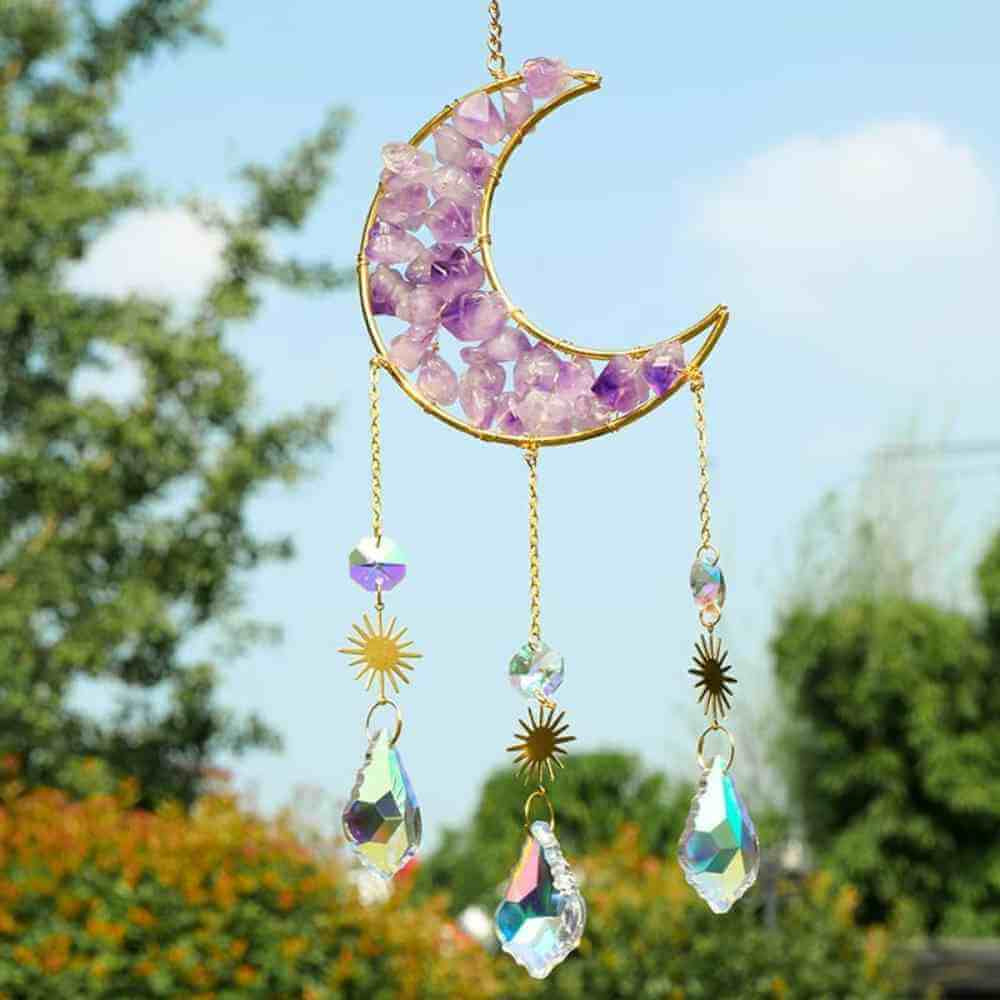 Ornament de agatat Suncatcher sub forma de semiluna cu cristal Ametist decoratiune feng shui pentru casa, masina si birou