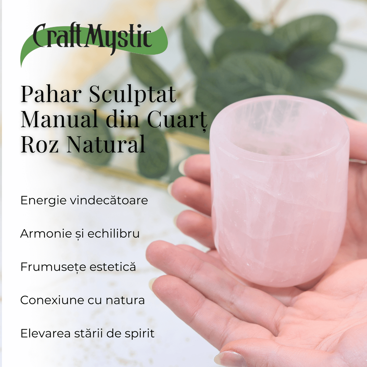 Pahar din Cuart Roz Natural, Sculptat Manual, 75 mm