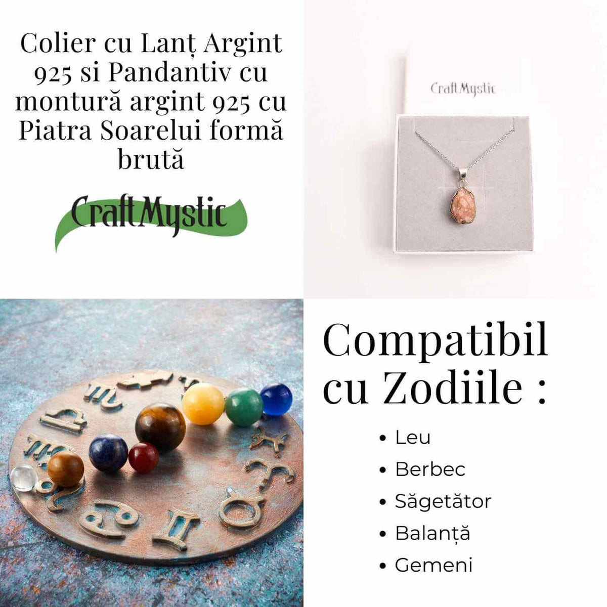 Colier Argint 925 cu Piatra Soarelui Brut - Energie Pozitiva