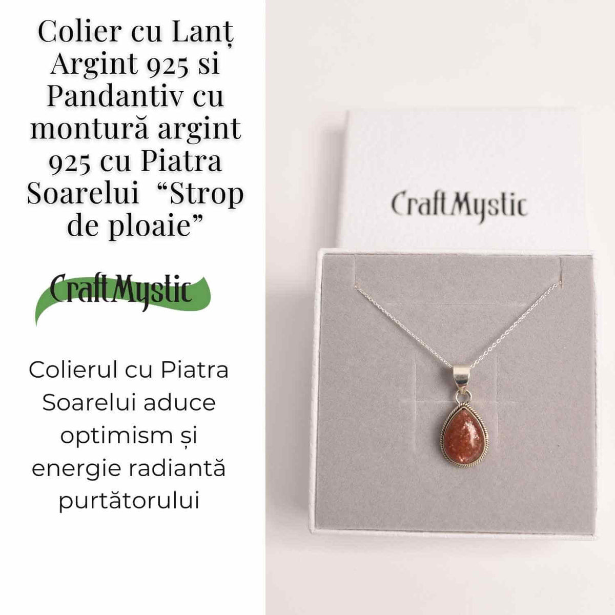 Colier cu Piatra Soarelui Strop de Ploaie, Argint 925, Energie Pozitiva