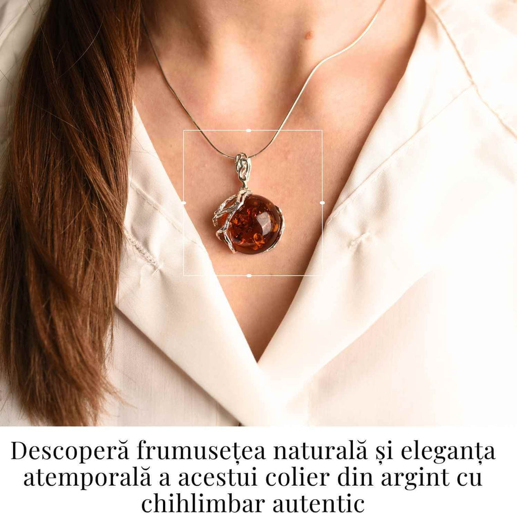 Colier argint 925 cu chihlimbar natural - design rotund elegant