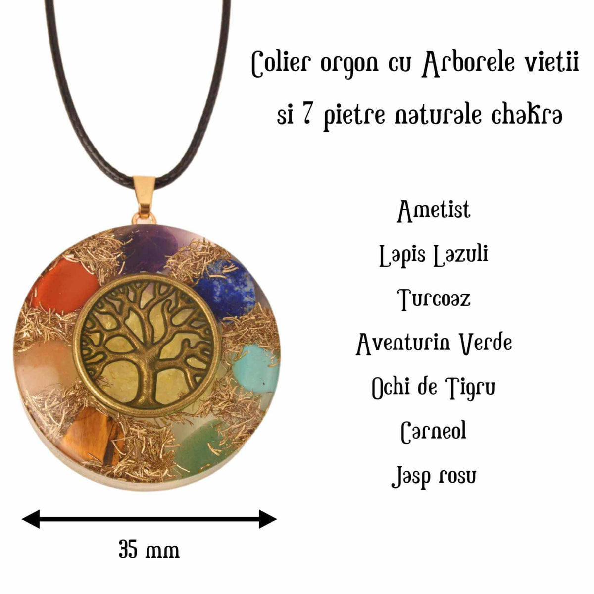 Colier cu pandantiv 35mm cu energie Orgonica cu Arborele Vietii cuprat si pietre naturale pentru cele sapte chakre
