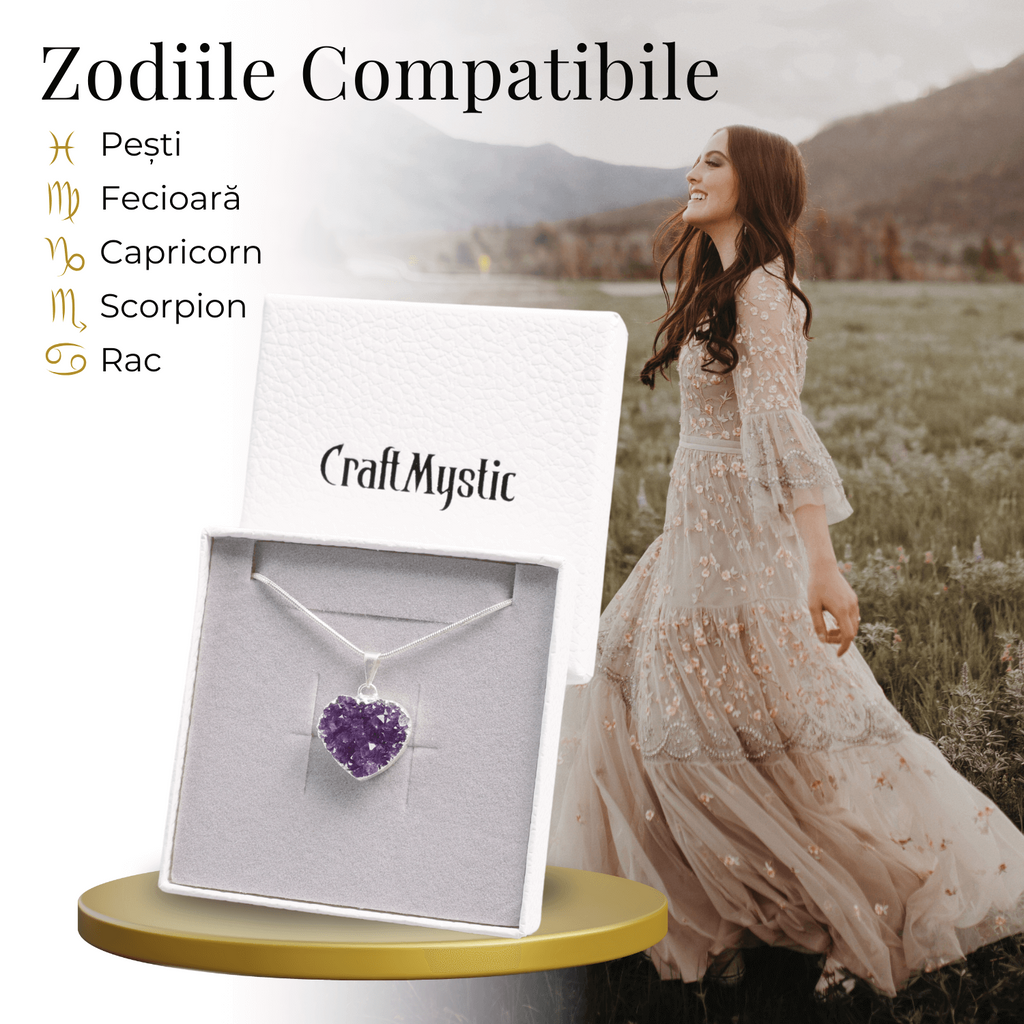 Colier Delicat cu Lant Argintiu si Pandantiv din Ametist Druzy Natural in Forma de Inima, 20-25mm