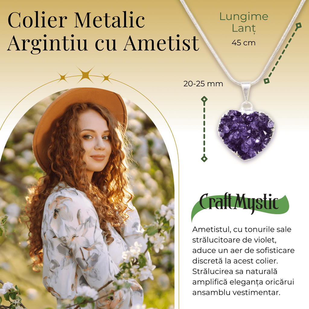 Colier Delicat cu Lant Argintiu si Pandantiv din Ametist Druzy Natural in Forma de Inima, 20-25mm