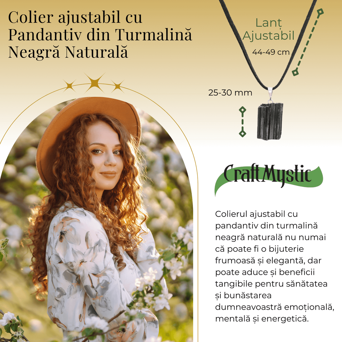 Colier Ajustabil cu Pandantiv din Turmalina Neagra Naturala 25-30mm