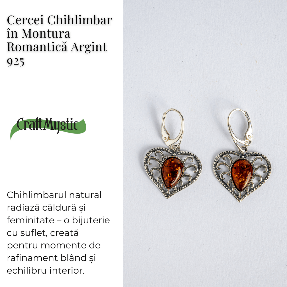 Bijuterie cu suflet – Cercei cu chihlimbar in montura romantica argint 925