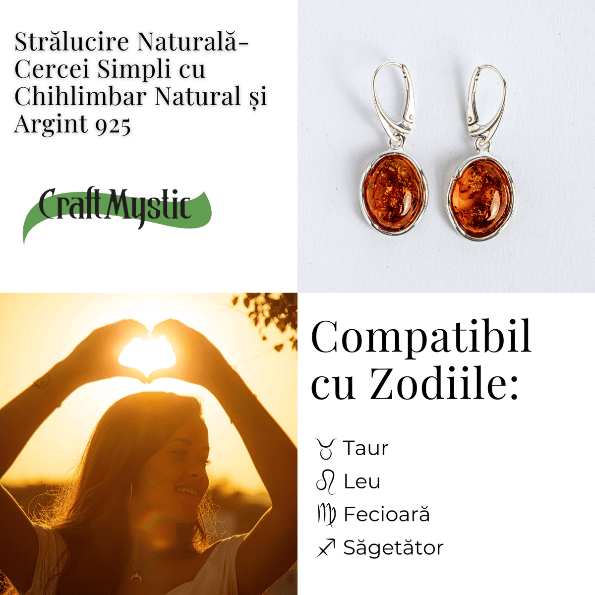 Piatra soarelui la urechea ta – Bijuterie Cercei cu vibe cald si elegant din chihlimbar si argint 925