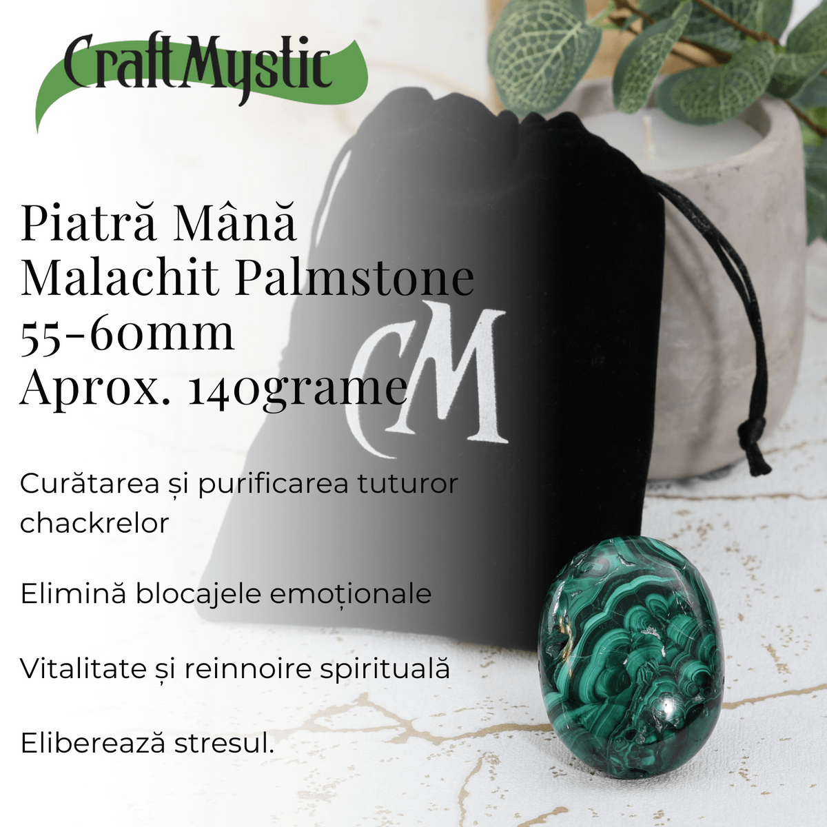 Piatra Ovala sculptata manual din Malachit natural 55-60mm aprox 140 grame