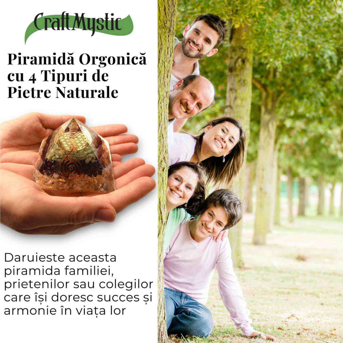 Piramida de 6 cm cu Pietre de Cuart Transparent, Citrin, Granat si Aventurin Verde - Prosperitate si Echilibru.