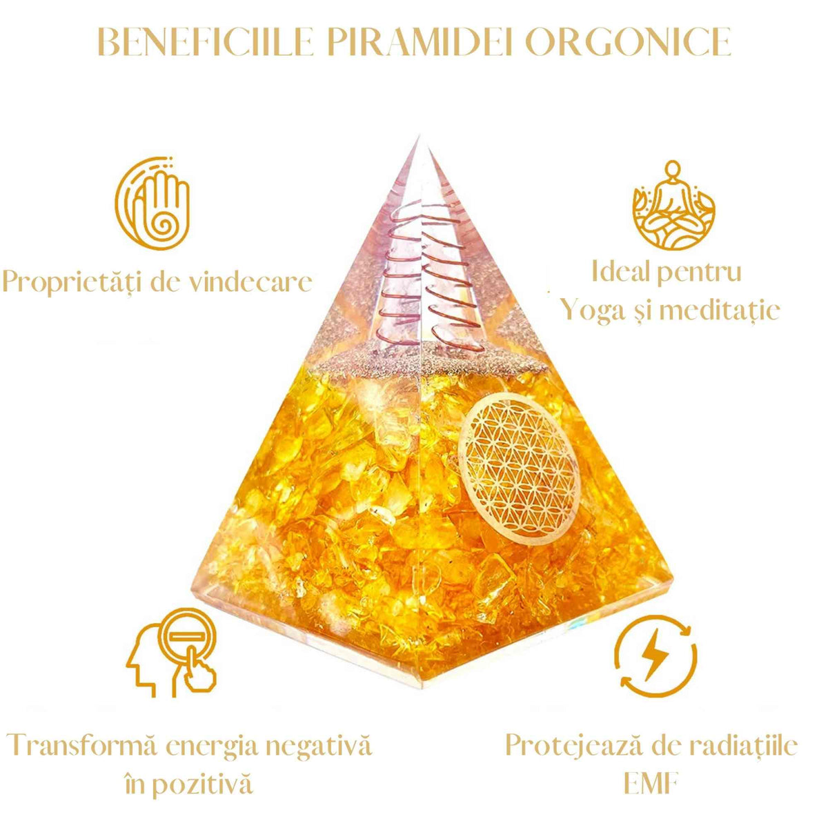 Piramida Orgonica cu Citrin si simbolul floarea vietii 8 cm – pentru intelepciune, bogatie si succes