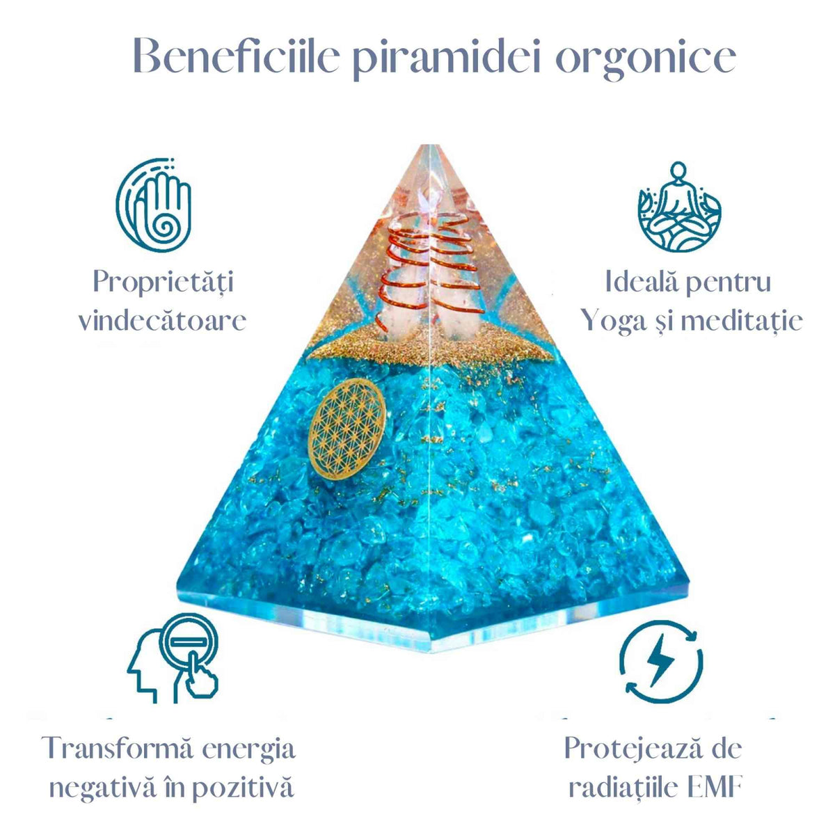 Piramida Orgonica cu cristal Acvamarin si simbolul floarea vietii 8 cm – pentru energie pozitiva, curaj, eliminarea fricii si a stresului