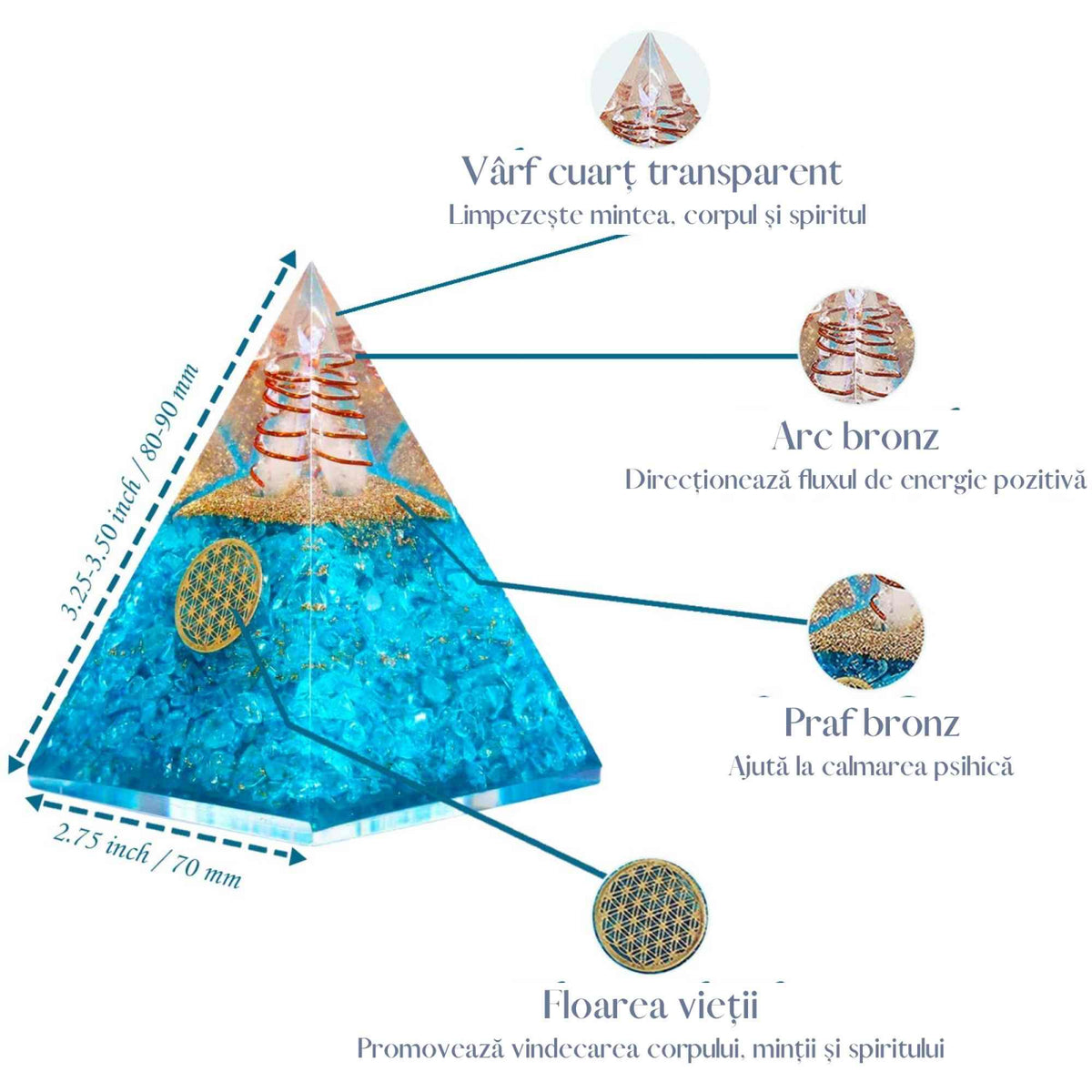 Piramida Orgonica cu cristal Acvamarin si simbolul floarea vietii 8 cm – pentru energie pozitiva, curaj, eliminarea fricii si a stresului
