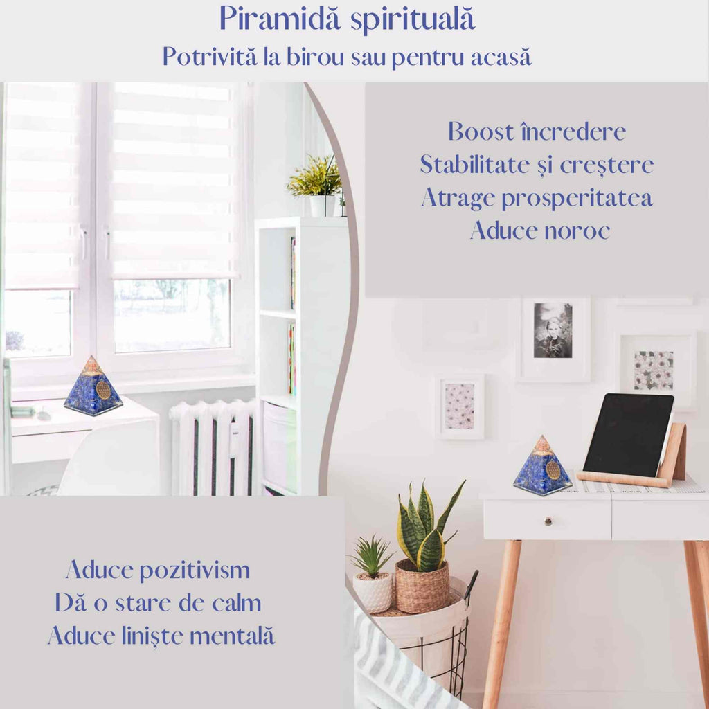 Piramida Orgonica cu cristale Lapis Lazuli si simbolul floarea vietii 8 cm – pentru intelepciune, armonie, onestitate si constientizare de sine