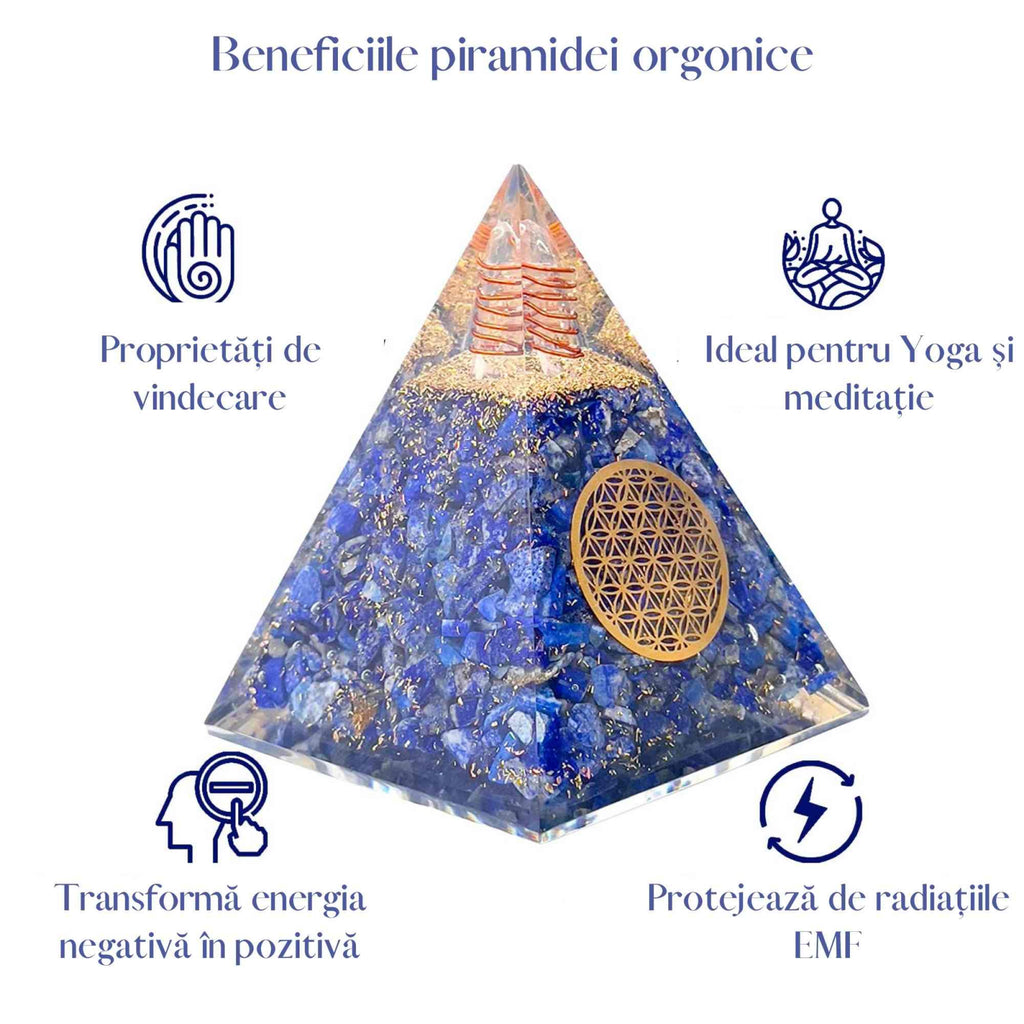 Piramida Orgonica cu cristale Lapis Lazuli si simbolul floarea vietii 8 cm – pentru intelepciune, armonie, onestitate si constientizare de sine