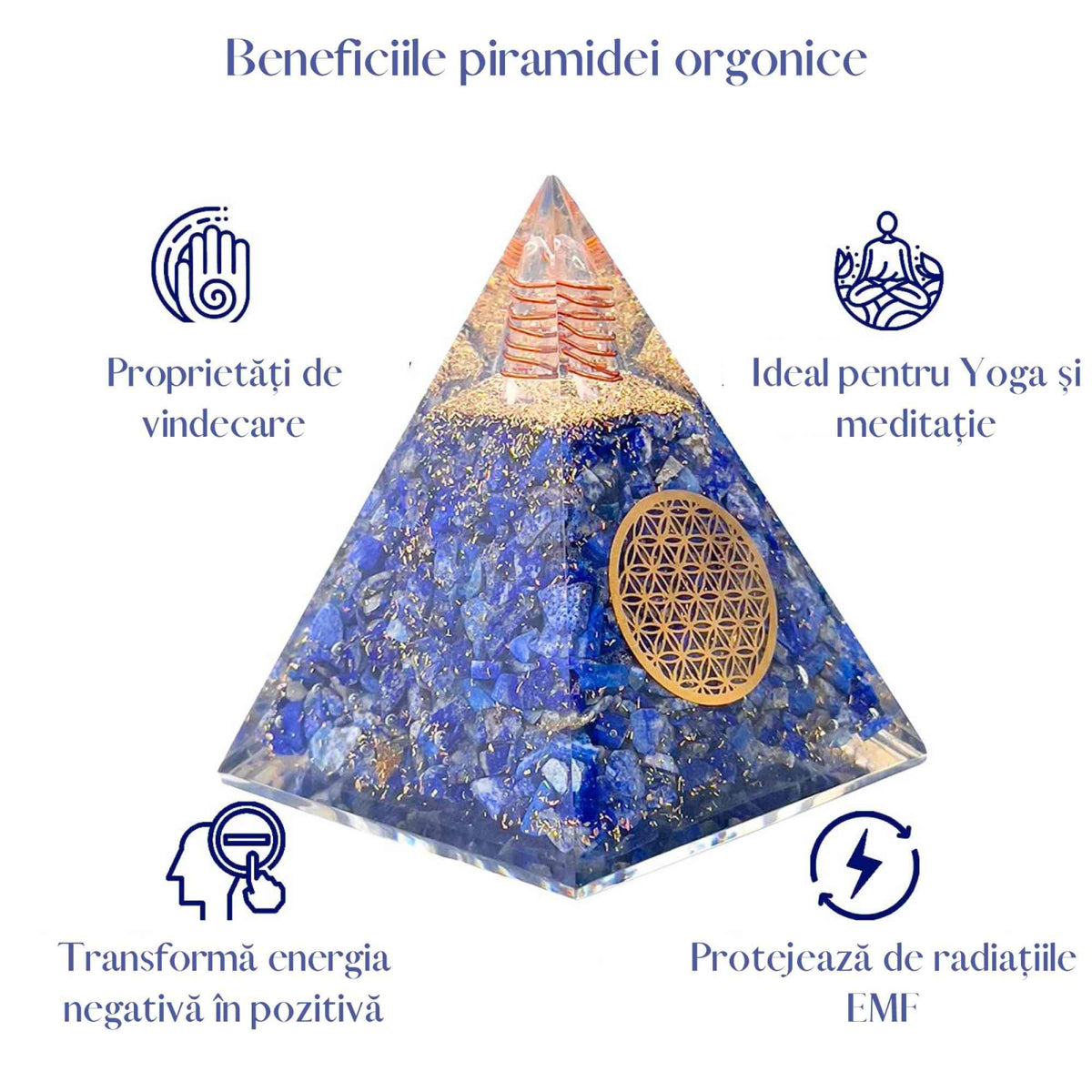 Piramida Orgonica cu cristale Lapis Lazuli si simbolul floarea vietii 8 cm – pentru intelepciune, armonie, onestitate si constientizare de sine