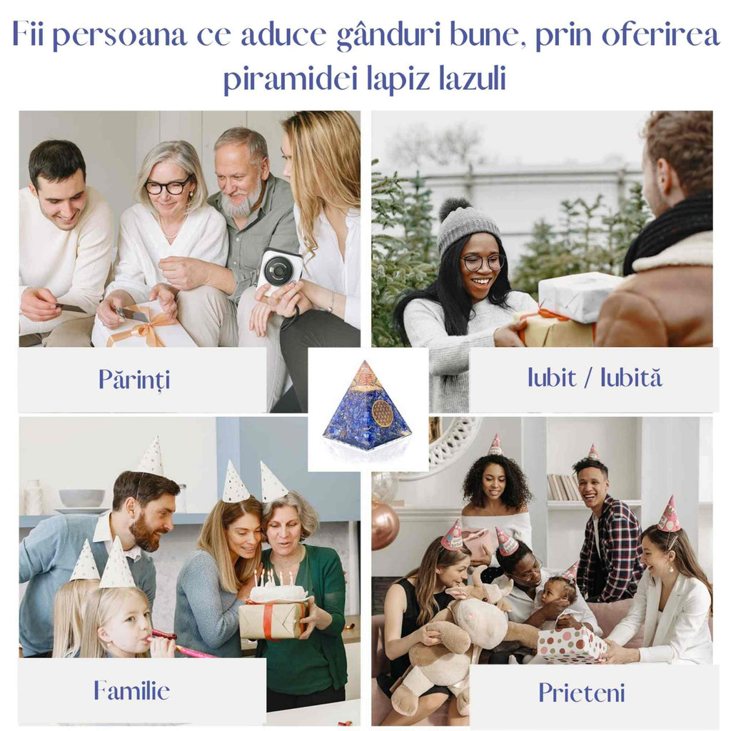 Piramida Orgonica cu cristale Lapis Lazuli si simbolul floarea vietii 8 cm – pentru intelepciune, armonie, onestitate si constientizare de sine