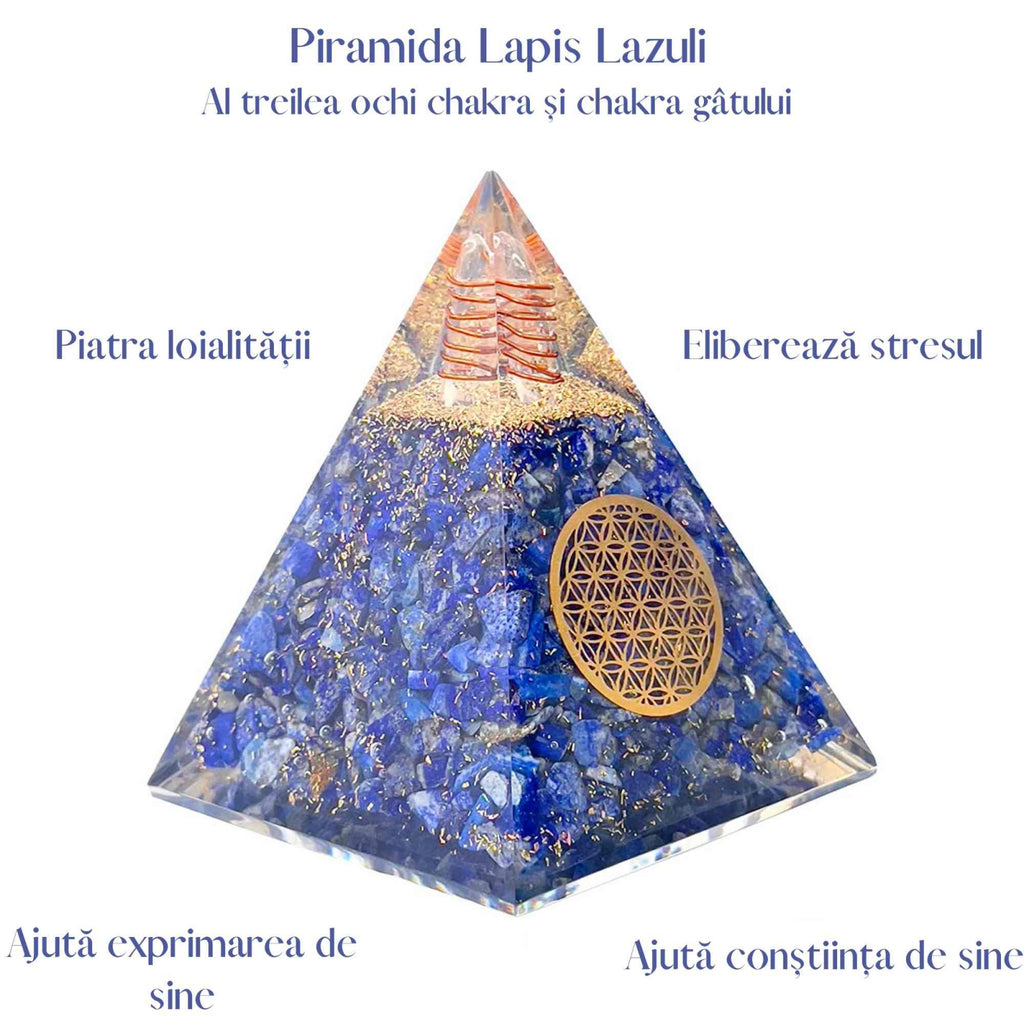 Piramida Orgonica cu cristale Lapis Lazuli si simbolul floarea vietii 8 cm – pentru intelepciune, armonie, onestitate si constientizare de sine