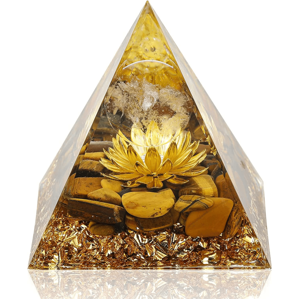 Piramida Orgonica cu cristale vindecatoare Ochi de Tigru, floare de lotus si sfera din cristal transparent 8 cm – Promoveaza bogatia, prosperitatea si atrage succesul