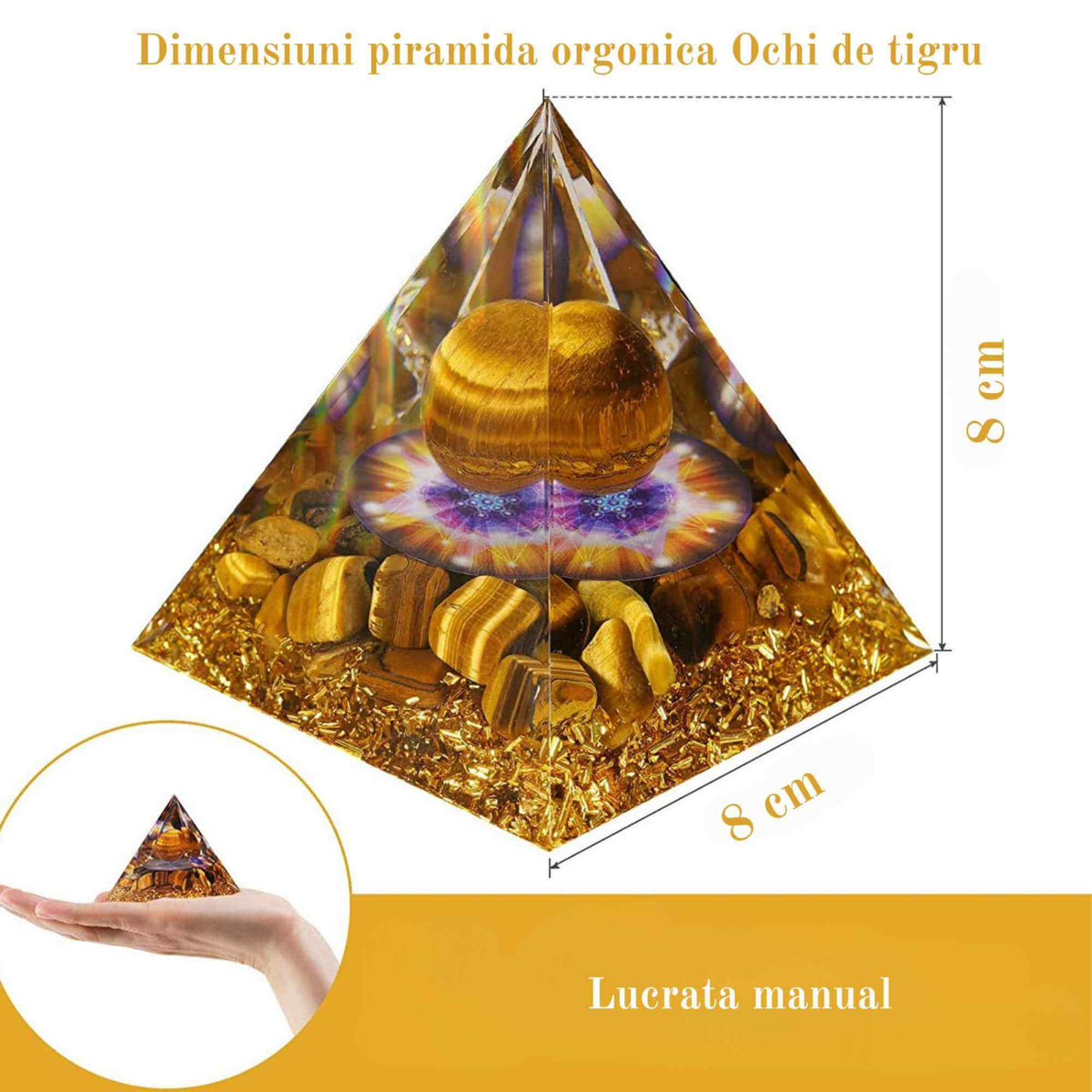 Piramida Orgonica 8 cm cu Sfera si cristale Ochi de Tigru: Atrage Abundenta si Energie Pozitiva in Viata Ta