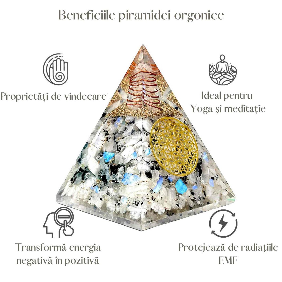 Piramida Orgonica cu Piatra lunii curcubeu si simbolul floarea vietii 8 cm – incurajeaza speranta, sensibilitatea, intuitia si abilitatile psihice